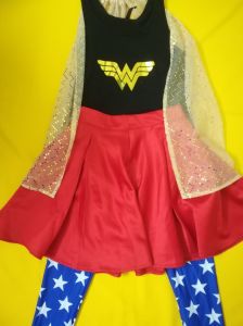 Adult Female Costumes to Hire - Wonderwoman - LYCRA leggings, top, skirt, cape